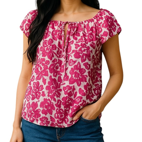 GAP Tops - Gap Fuschia White Floral Boatneck Peasant Top Blouse Cap Sleeve Shirt Size LARGE